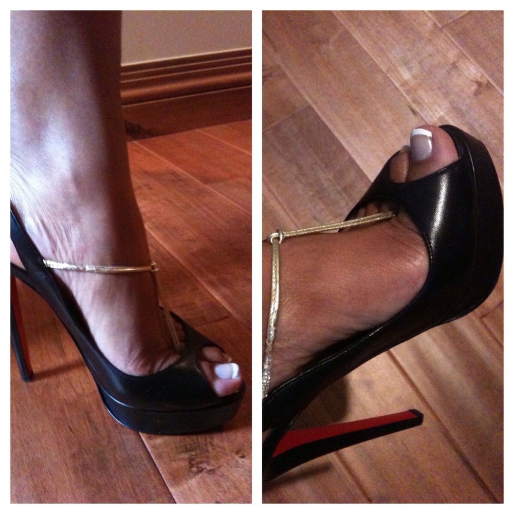 Louboutin with gold T strap, platform sling back beautiful